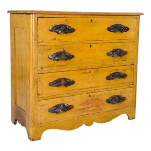 Antique American Pine Chest of Drawers With Carved Walnut Pulls in Original Mustard Finish