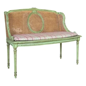 Antique Louis XVI Style Caned Settee With Distressed Green Painted Finish