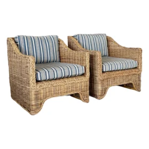 Coastal Ralph Lauren Large Braid Rattan Lounge Chairs With Original Blue and White Fabric