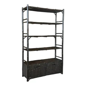 Coastal Regency British Colonial Black Bamboo Etagere Bookcase Shelf