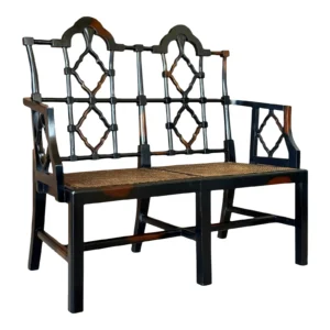 Early 21st Century Black Lacquered Chippendale Style Cane Settee Bench
