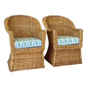 Late 20th Century Restored Rattan Braid Side Chairs Newly Upholstered-Pair