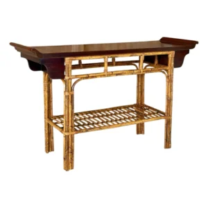 Mid-20th Century Organic Modern Rattan Tortoise Console Table With Asian-Style Pagoda Top