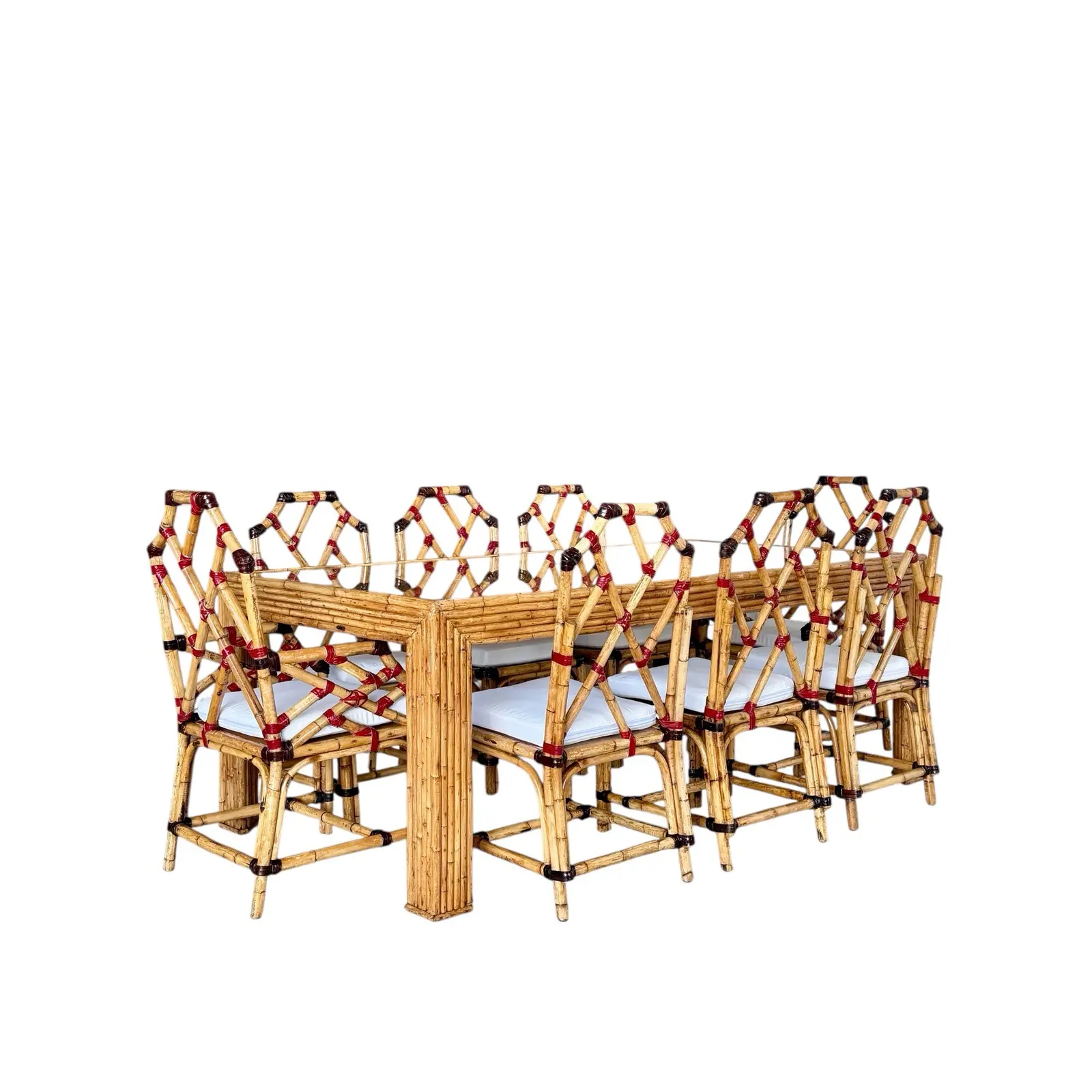 Mid-20th Century Organic Modern Restored Chippendale Bamboo Dining Set – Table With Eight Chairs