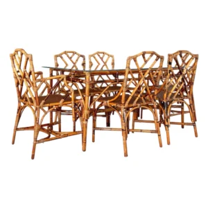 Mid-20th Century Restored Scorched Chippendale Rattan Cane Dining Set – Table and Six Chairs