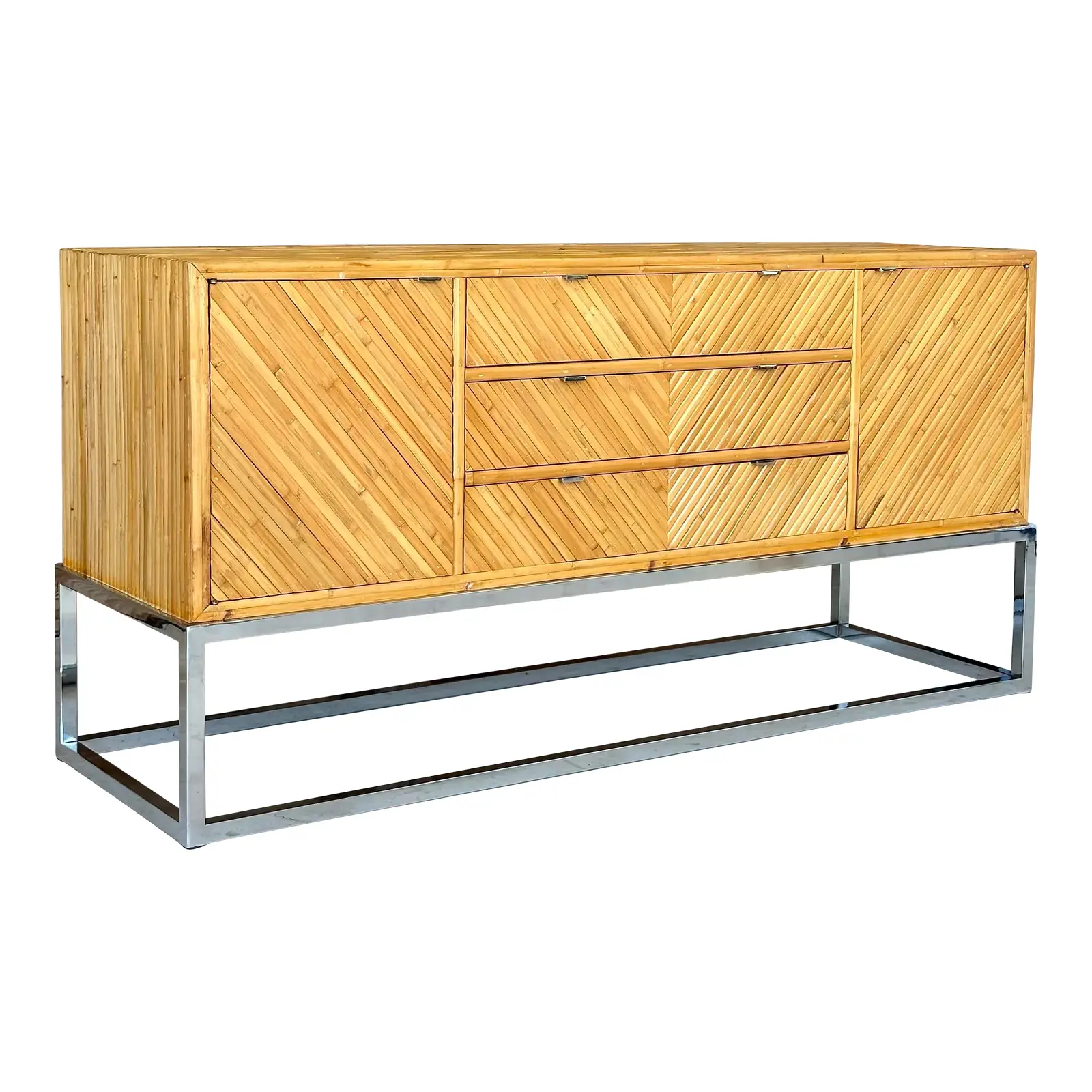 Mid-20th Century Restored Split Bamboo Chrome Credenza Manner of Milo Baughman