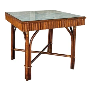 Organic Modern Custom Split Rattan Game Table With Lift-Top, Thibaut Grasscloth, and Ficks Reed Base