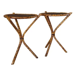 Pair of British Colonial Tortoise Rattan & Grasscloth Side Tables