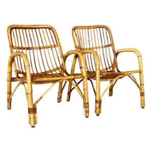 Pair of Mid-20th Century Italian Bent Rattan Lounge Chairs in the Manner of Franco Albini