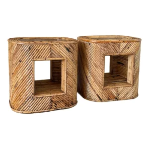 Pair of Mid-20th Century Organic Modern Refinished Split Rattan Side Tables With Inset Glass Tops