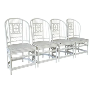 Pair of Vintage Painted Rattan Chippendale Style High Back Chairs With Cane Seats