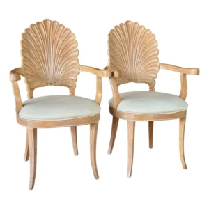 Pair of Vintage Regency Carved Grotto Shell Back Side Arm Chairs by Andre Originals