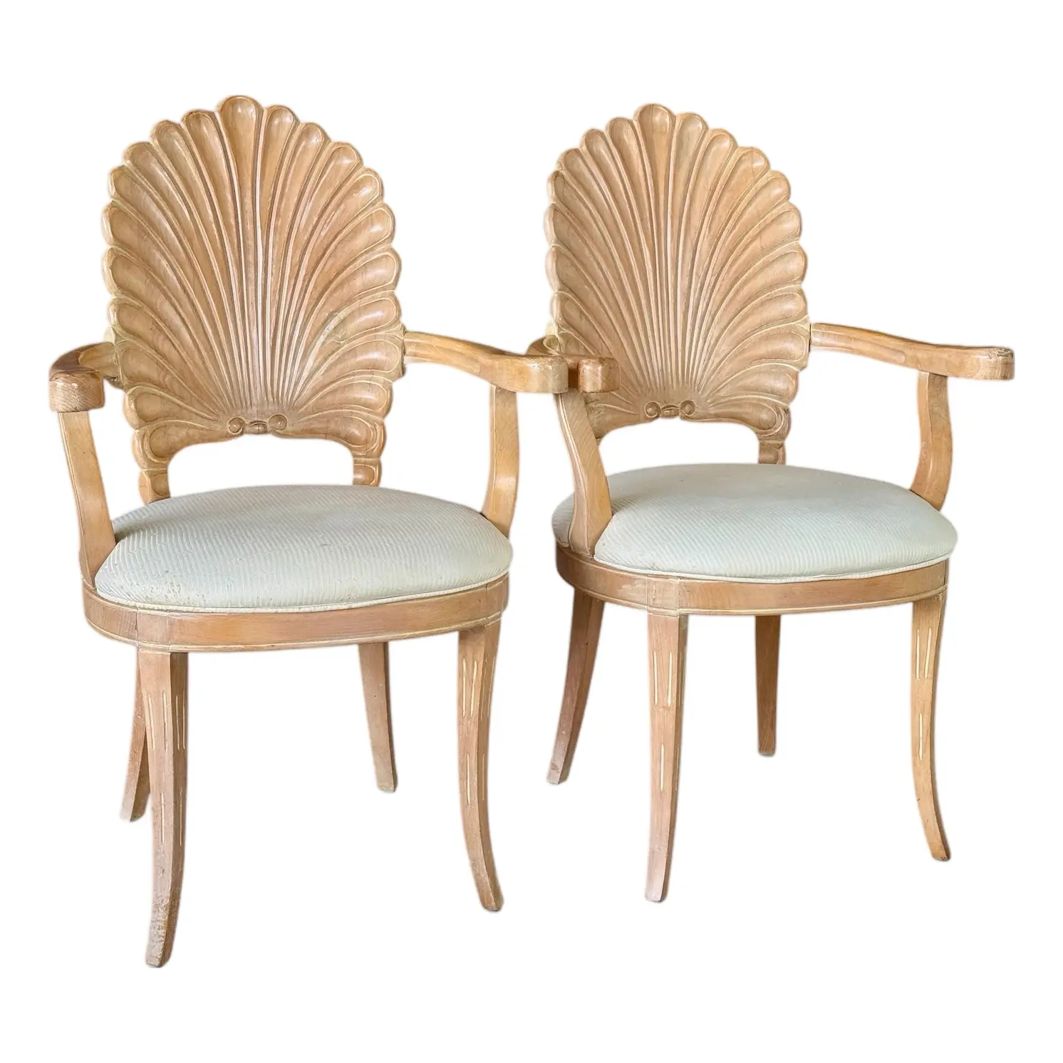 Pair of Vintage Regency Carved Grotto Shell Back Side Arm Chairs by Andre Originals