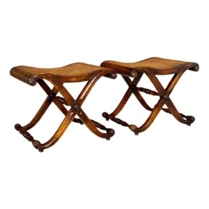 Regency Campaign-Style X-Base Cane Stools in the Manner of Gillows of Lancaster-Pair