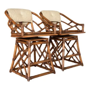 Vintage Coastal Chippendale Rattan Swivel Counter Stools-Pair