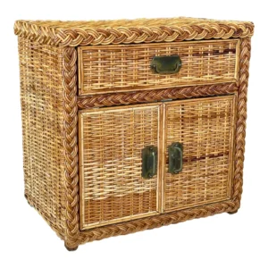 Vintage Coastal Island Style Floating Braided Rattan Chest Nightstand Side Table