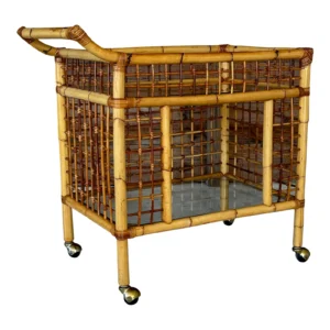 Vintage Coastal Rattan Bamboo Two Shelf Bar Cart With Glass