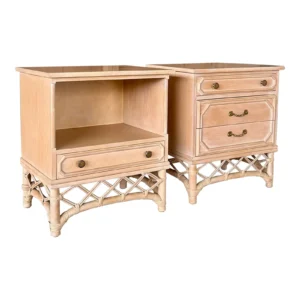 Vintage Coastal Regency Ficks Reed Rattan Lattice Nightstands-Pair