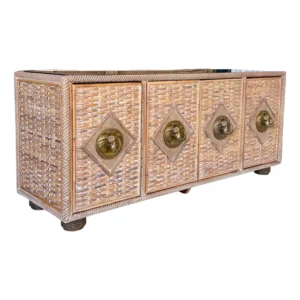 Vintage Coastal Regency Handwoven Rattan Sideboard With Elephant Head Pulls