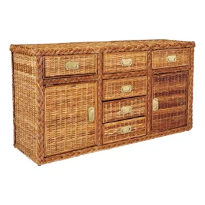 Vintage Organic Modern Restored Large Braid Rattan Sideboard With Brass Hardware